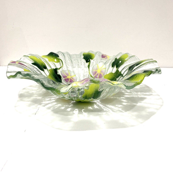 Kali Studio Art Glass Fused Pink & Green Floral Fruit Bowl Ruffle Edge Dish Bowl - Picture 3 of 7